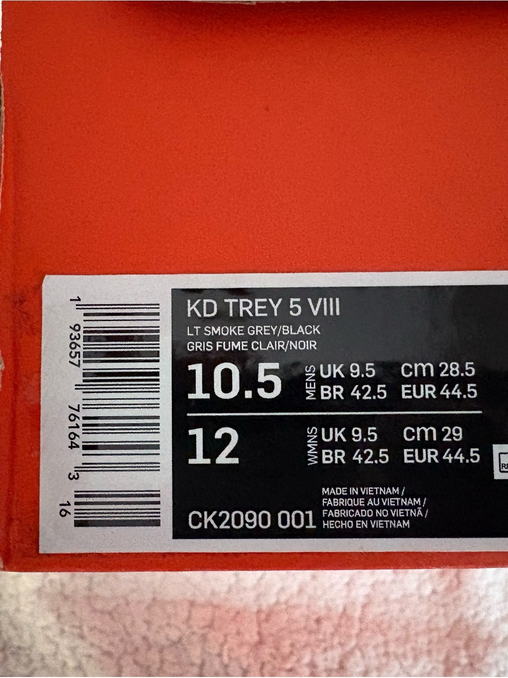 Nike KD Trey 5 VIII Box Label - Orange/Black/White